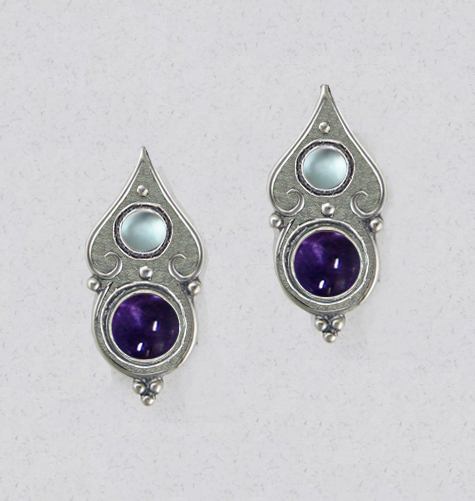 Sterling Silver Gothic Look Post Stud Earrings With Iolite And Blue Topaz